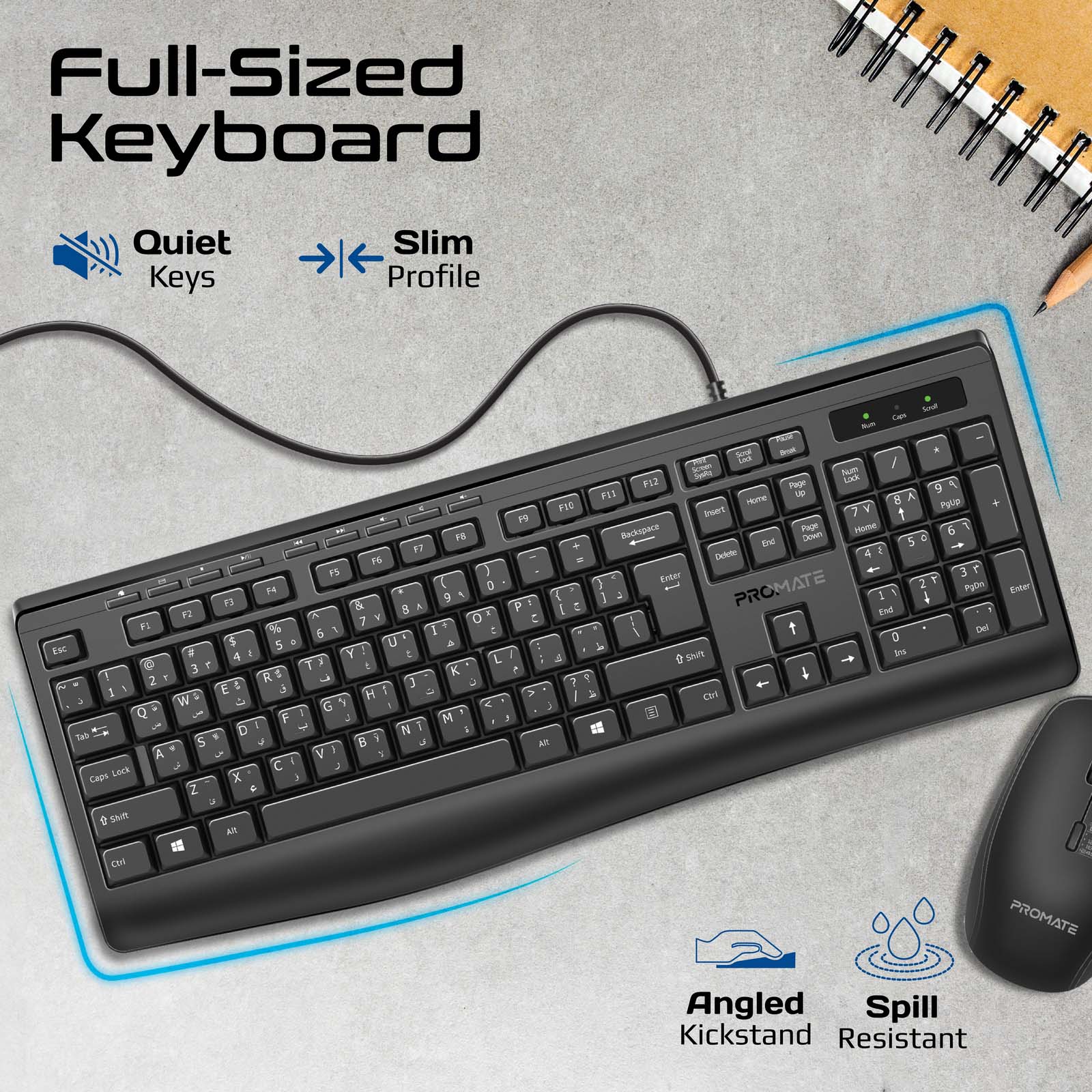 Wired Keyboard and Mouse with Ambidextrous, 2400 Adjustable DPI, Media Keys, Deep-Profile Keycap, Spill Resistance, Combo-CM4 Black