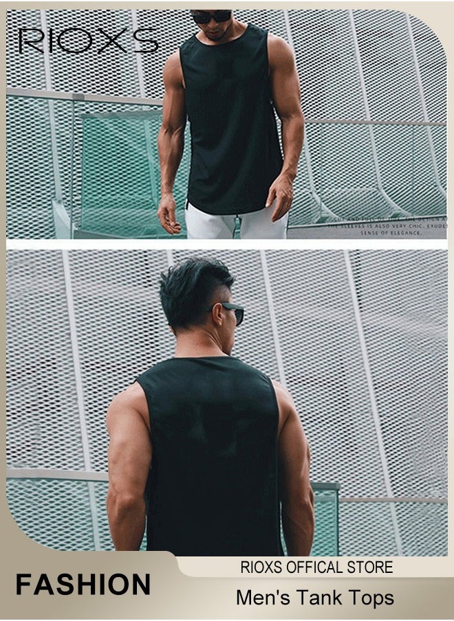 Men's Fit Tank Top, Quick Dry Sleeveless Black Tops, Outdoor Summer Vest with Classic Round Neck Design, for Daily Use and Training Activities