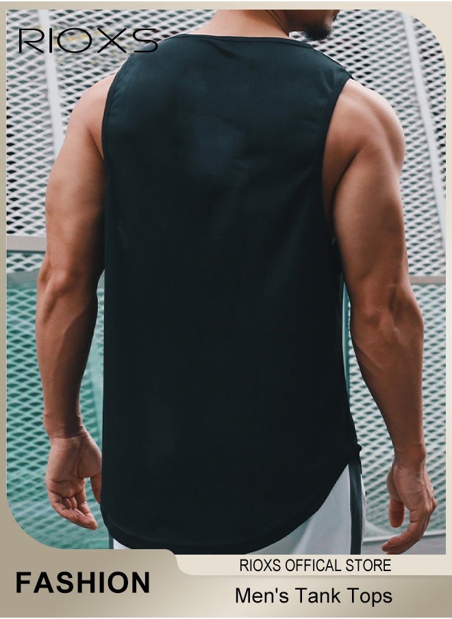 Men's Fit Tank Top, Quick Dry Sleeveless Black Tops, Outdoor Summer Vest with Classic Round Neck Design, for Daily Use and Training Activities