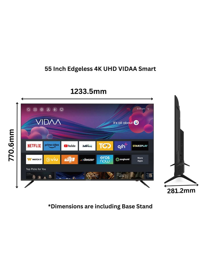 55 Inch Edgeless 4K UHD Smart TV With Bluetooth, Voice Mouse And Dolby Audio 2024 E55ELVD1100 Black