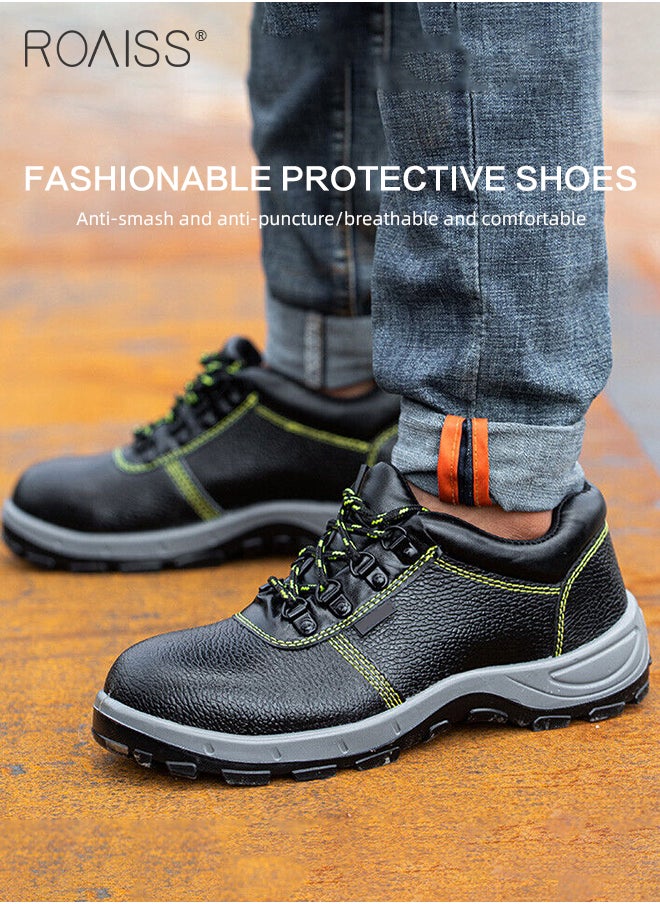 Anti-Smash Safety Shoes for Men Lightweight Steel Round Toe Sneakers for Outdoors Work or Heavy Work Comfortable and Breathable Safety Toe Adjustable Lace-Up Cowhide Sports Shoes