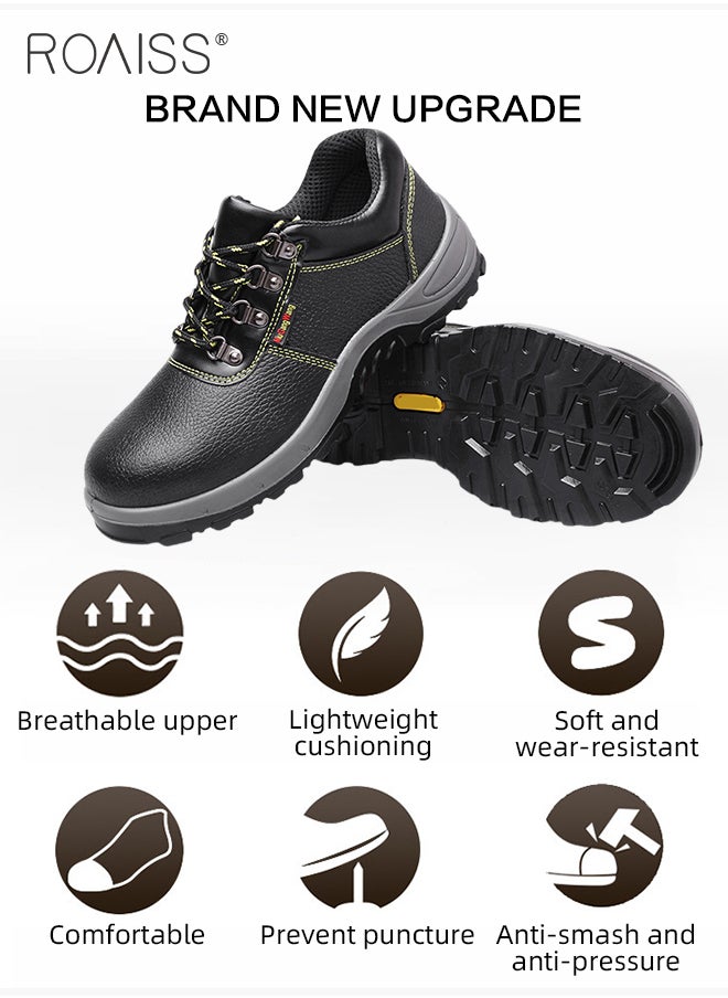 Anti-Smash Safety Shoes for Men Lightweight Steel Round Toe Sneakers for Outdoors Work or Heavy Work Comfortable and Breathable Safety Toe Adjustable Lace-Up Cowhide Sports Shoes