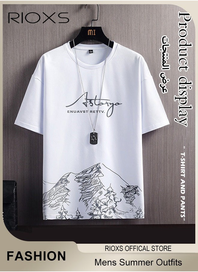 Mens 2 Piece Set Summer Outfits-Trendy Printed City Sketch T-shirt & Elastic Waist Downstring Shorts,Fashion Casual T-shirt And Shorts Sets,Great For Teens Men Daily Wear