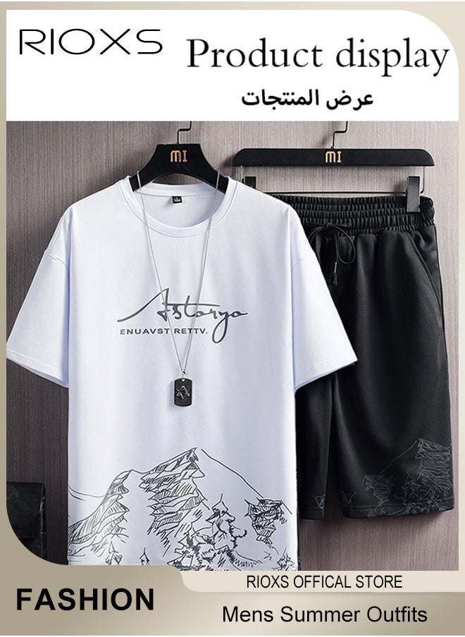 Mens 2 Piece Set Summer Outfits-Trendy Printed City Sketch T-shirt & Elastic Waist Downstring Shorts,Fashion Casual T-shirt And Shorts Sets,Great For Teens Men Daily Wear