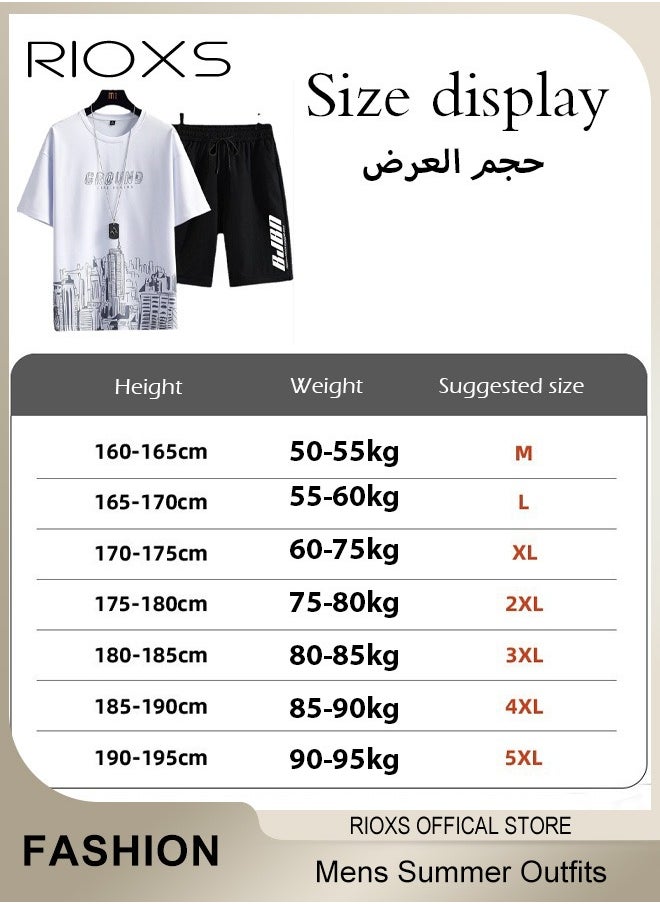 Mens 2 Piece Set Summer Outfits-Trendy Printed City Sketch T-shirt & Elastic Waist Downstring Shorts,Fashion Casual T-shirt And Shorts Sets,Great For Teens Men Daily Wear