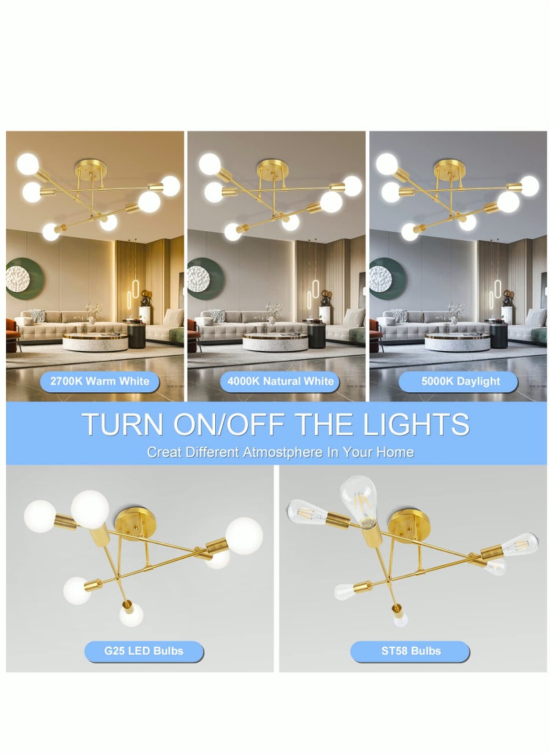 Modern Sputnik Chandelier Ceiling Light Fixture with 6 Lights Black Mid Century Semi Flush Mount Ceiling Lights Fixture for Bedroom Dining Room Living Room Kitchen, Bulbs Not Included