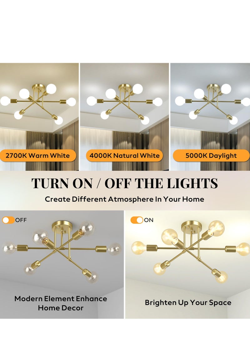 Modern Sputnik Chandelier Ceiling Light Fixture with 6 Lights Black Mid Century Semi Flush Mount Ceiling Lights Fixture for Bedroom Dining Room Living Room Kitchen, Bulbs Not Included