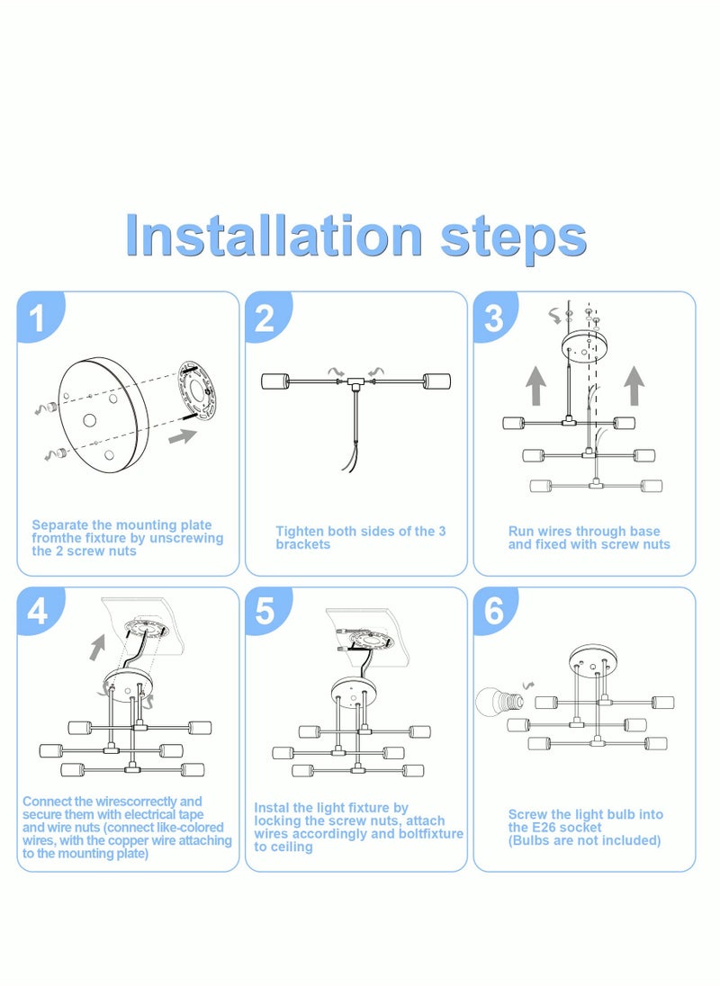 Modern Sputnik Chandelier Ceiling Light Fixture with 6 Lights Black Mid Century Semi Flush Mount Ceiling Lights Fixture for Bedroom Dining Room Living Room Kitchen, Bulbs Not Included
