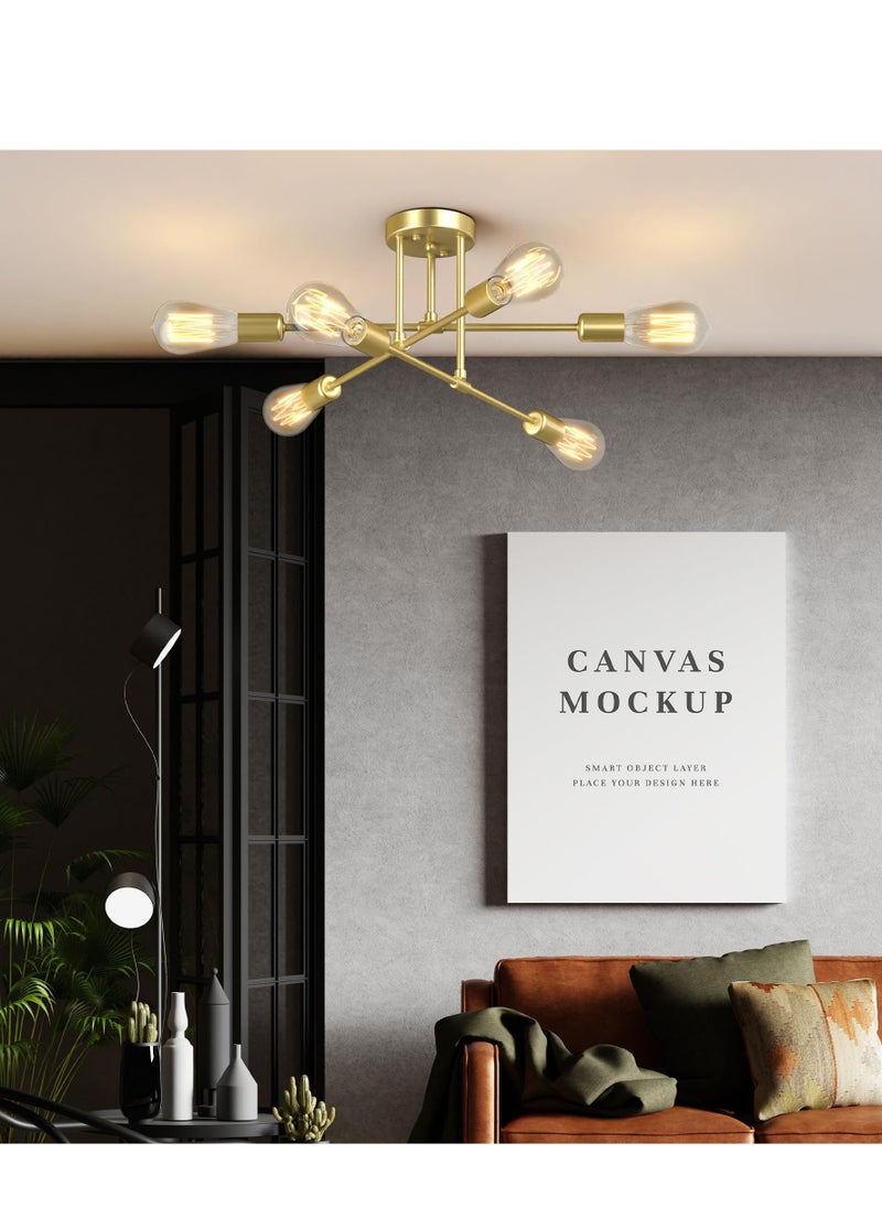 Modern Sputnik Chandelier Ceiling Light Fixture with 6 Lights Black Mid Century Semi Flush Mount Ceiling Lights Fixture for Bedroom Dining Room Living Room Kitchen, Bulbs Not Included