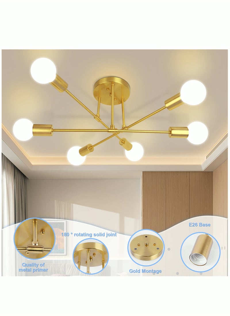 Modern Sputnik Chandelier Ceiling Light Fixture with 6 Lights Black Mid Century Semi Flush Mount Ceiling Lights Fixture for Bedroom Dining Room Living Room Kitchen, Bulbs Not Included