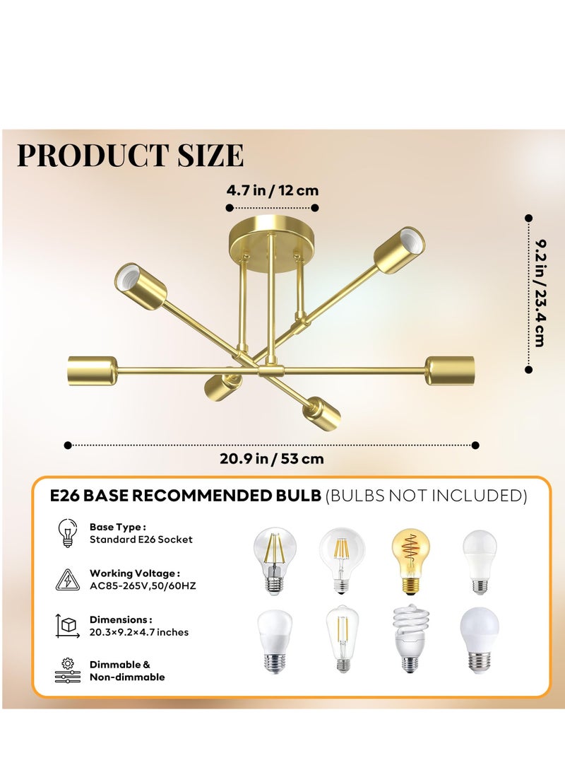 Modern Sputnik Chandelier Ceiling Light Fixture with 6 Lights Black Mid Century Semi Flush Mount Ceiling Lights Fixture for Bedroom Dining Room Living Room Kitchen, Bulbs Not Included