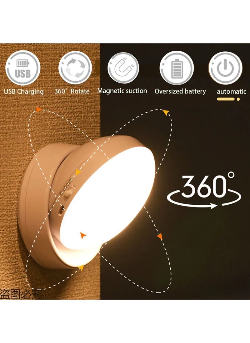 Motion Sensor Wireless LED Night Light (Cool White) 360 Degrees Rotated Induction Light with Magnetic Base USB Rechargeable Night Lamp for Closet Stairs Bedroom Kitchen Hallway