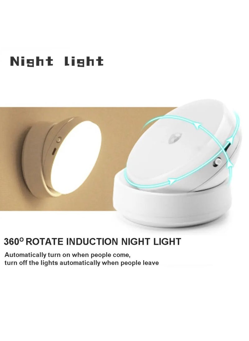 Motion Sensor Wireless LED Night Light (Cool White) 360 Degrees Rotated Induction Light with Magnetic Base USB Rechargeable Night Lamp for Closet Stairs Bedroom Kitchen Hallway