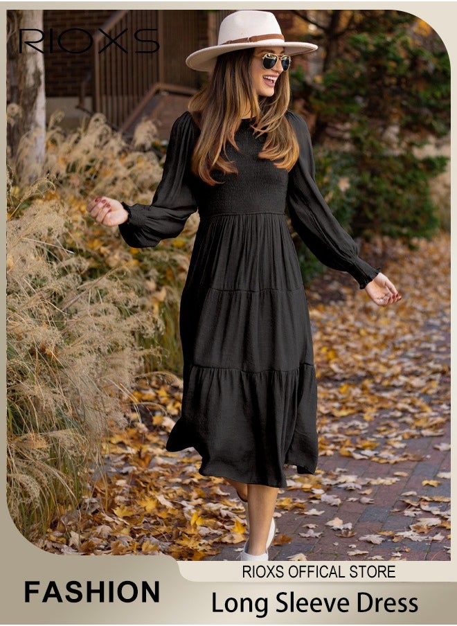 Women'sMaxi Dresses,Crew Neck Fall Dress,Casual Long Sleeve Bohemian Dresses,Relaxed Fit Tiered Dress For Women,Ladies A-Line Wrap Dress or Party/Wedding/Feast/Business/Daily Wear