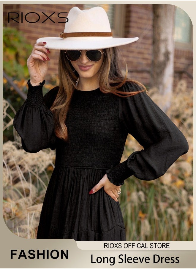 Women'sMaxi Dresses,Crew Neck Fall Dress,Casual Long Sleeve Bohemian Dresses,Relaxed Fit Tiered Dress For Women,Ladies A-Line Wrap Dress or Party/Wedding/Feast/Business/Daily Wear