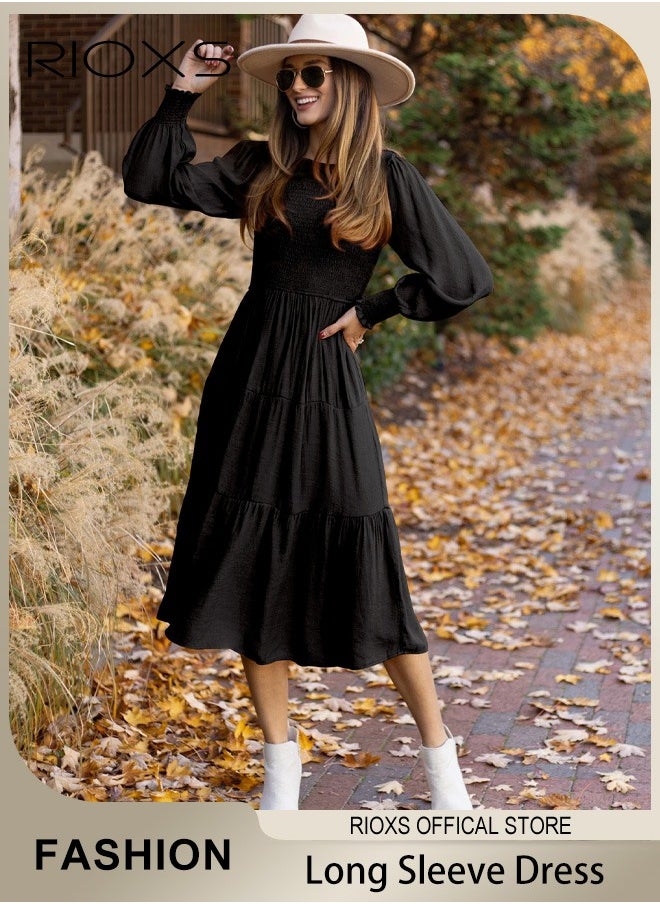 Women'sMaxi Dresses,Crew Neck Fall Dress,Casual Long Sleeve Bohemian Dresses,Relaxed Fit Tiered Dress For Women,Ladies A-Line Wrap Dress or Party/Wedding/Feast/Business/Daily Wear