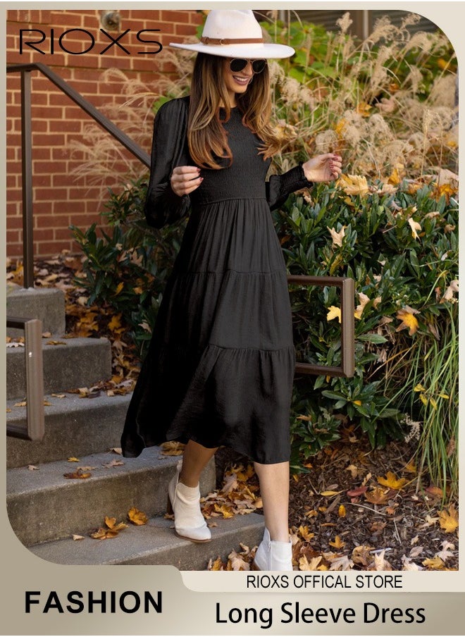 Women'sMaxi Dresses,Crew Neck Fall Dress,Casual Long Sleeve Bohemian Dresses,Relaxed Fit Tiered Dress For Women,Ladies A-Line Wrap Dress or Party/Wedding/Feast/Business/Daily Wear