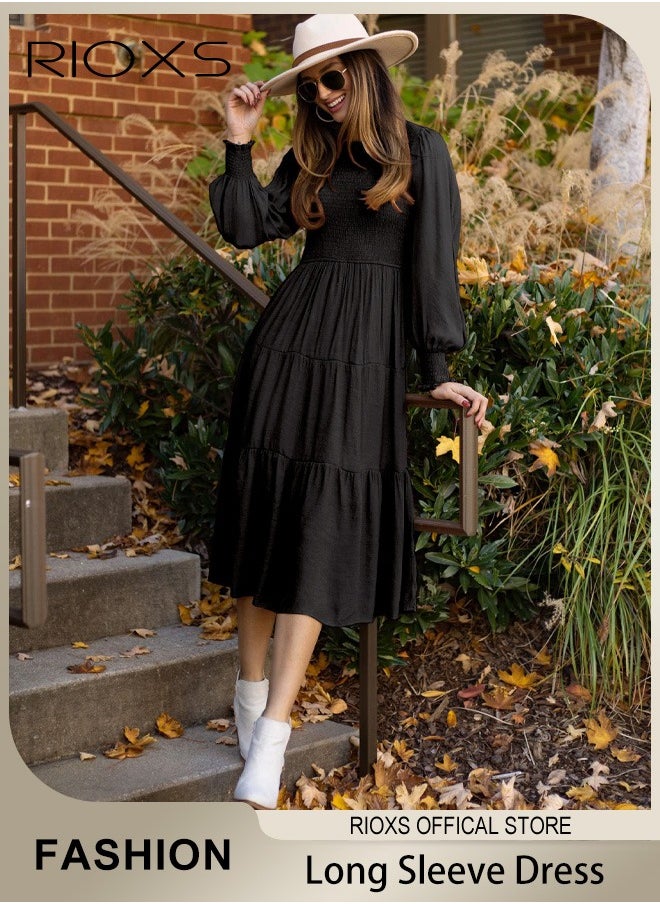 Women'sMaxi Dresses,Crew Neck Fall Dress,Casual Long Sleeve Bohemian Dresses,Relaxed Fit Tiered Dress For Women,Ladies A-Line Wrap Dress or Party/Wedding/Feast/Business/Daily Wear