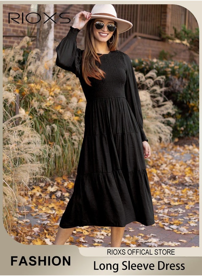 Women'sMaxi Dresses,Crew Neck Fall Dress,Casual Long Sleeve Bohemian Dresses,Relaxed Fit Tiered Dress For Women,Ladies A-Line Wrap Dress or Party/Wedding/Feast/Business/Daily Wear