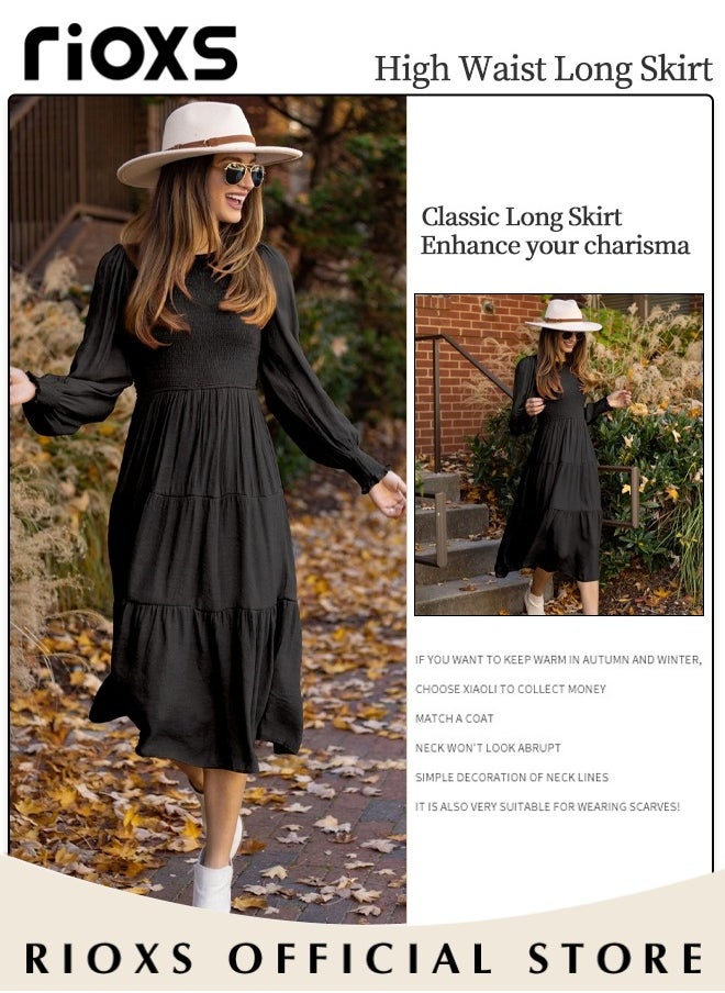 Women'sMaxi Dresses,Crew Neck Fall Dress,Casual Long Sleeve Bohemian Dresses,Relaxed Fit Tiered Dress For Women,Ladies A-Line Wrap Dress or Party/Wedding/Feast/Business/Daily Wear