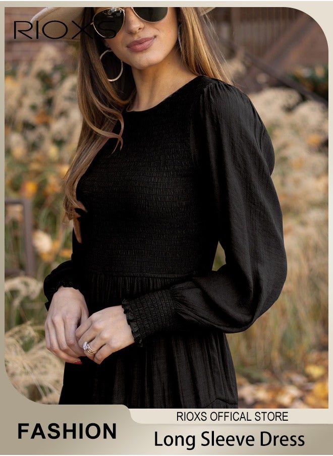 Women'sMaxi Dresses,Crew Neck Fall Dress,Casual Long Sleeve Bohemian Dresses,Relaxed Fit Tiered Dress For Women,Ladies A-Line Wrap Dress or Party/Wedding/Feast/Business/Daily Wear