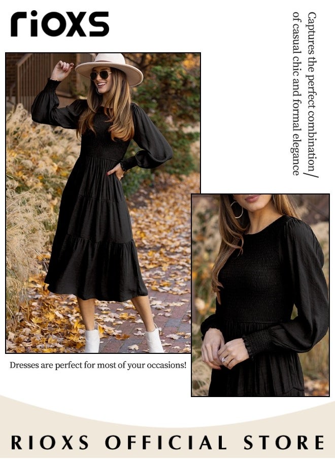 Women'sMaxi Dresses,Crew Neck Fall Dress,Casual Long Sleeve Bohemian Dresses,Relaxed Fit Tiered Dress For Women,Ladies A-Line Wrap Dress or Party/Wedding/Feast/Business/Daily Wear