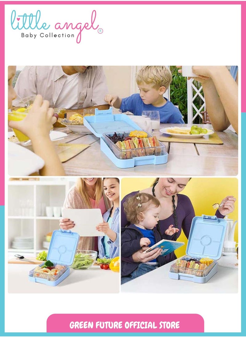 Kids Lunch Box - 4 Compartment Leak Proof Bento Box with Mermaid Design, Perfect for School - Blue