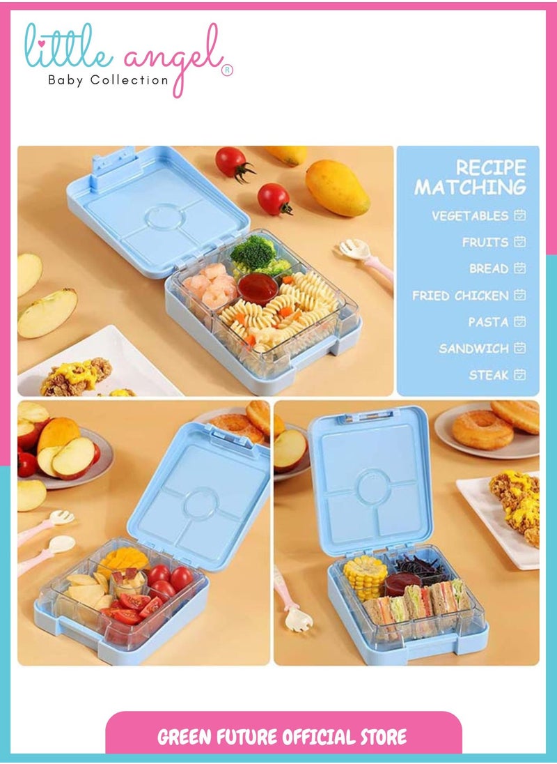 Kids Lunch Box - 4 Compartment Leak Proof Bento Box with Mermaid Design, Perfect for School - Blue