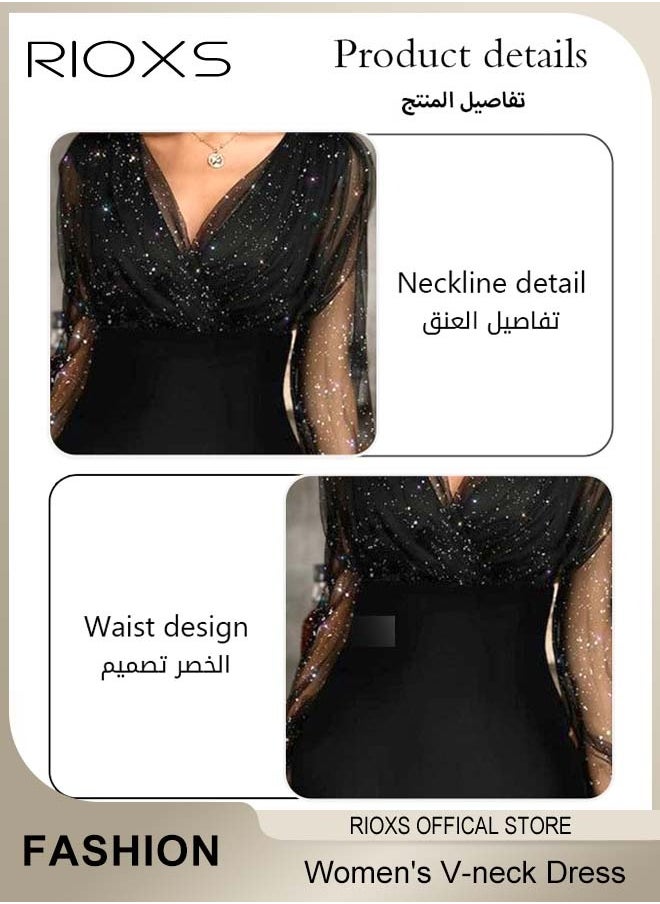 Gorgeous Evening Dress with Mesh Puff Sleeves, Back Zipper and Hips-wrapped Silhouette, Sequin V-neck Dress with Elegant Chic Style, Wrap-around Sparking Dress, Perfect for Daily, Work, Office, Wedding and Party