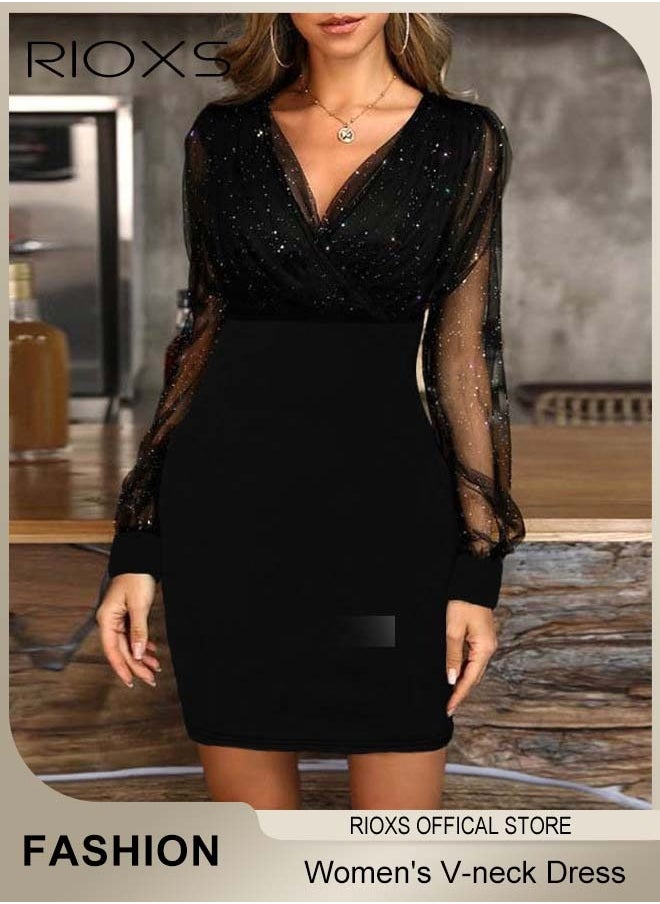 Gorgeous Evening Dress with Mesh Puff Sleeves, Back Zipper and Hips-wrapped Silhouette, Sequin V-neck Dress with Elegant Chic Style, Wrap-around Sparking Dress, Perfect for Daily, Work, Office, Wedding and Party