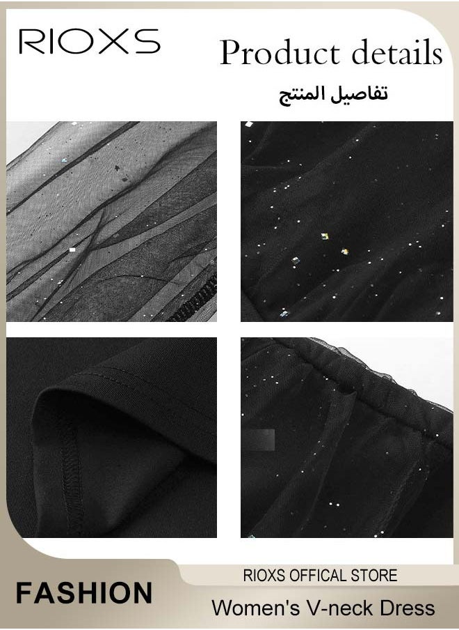 Gorgeous Evening Dress with Mesh Puff Sleeves, Back Zipper and Hips-wrapped Silhouette, Sequin V-neck Dress with Elegant Chic Style, Wrap-around Sparking Dress, Perfect for Daily, Work, Office, Wedding and Party