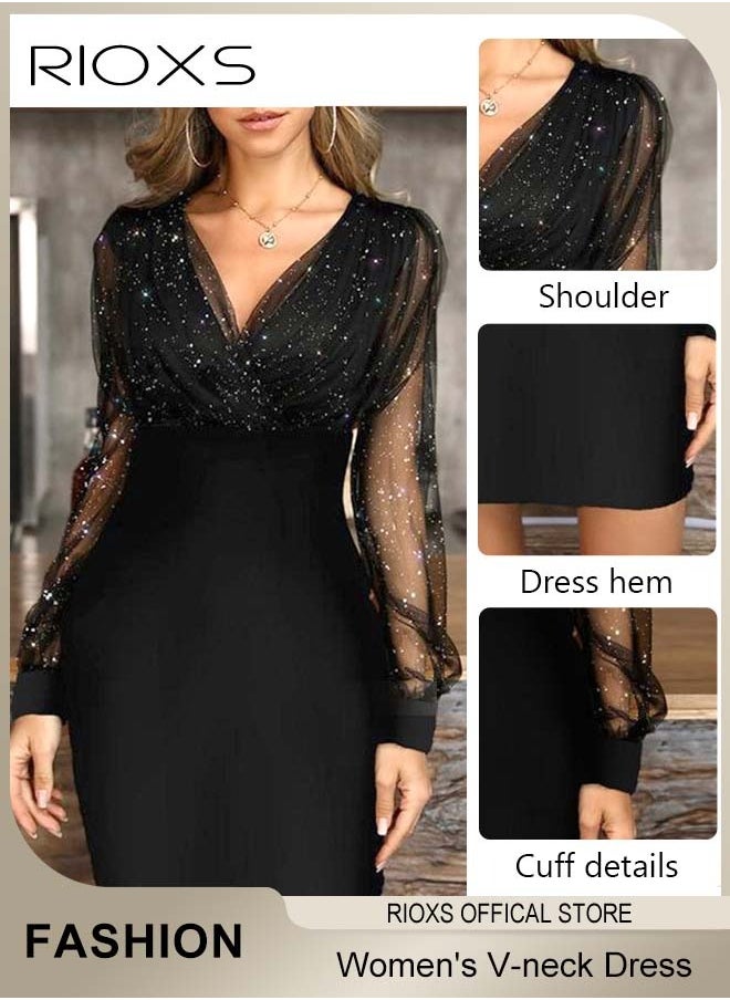 Gorgeous Evening Dress with Mesh Puff Sleeves, Back Zipper and Hips-wrapped Silhouette, Sequin V-neck Dress with Elegant Chic Style, Wrap-around Sparking Dress, Perfect for Daily, Work, Office, Wedding and Party
