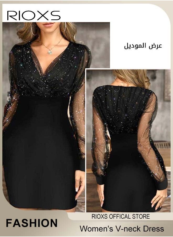 Gorgeous Evening Dress with Mesh Puff Sleeves, Back Zipper and Hips-wrapped Silhouette, Sequin V-neck Dress with Elegant Chic Style, Wrap-around Sparking Dress, Perfect for Daily, Work, Office, Wedding and Party