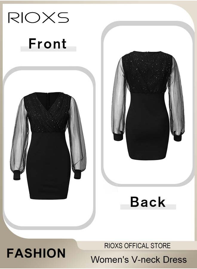 Gorgeous Evening Dress with Mesh Puff Sleeves, Back Zipper and Hips-wrapped Silhouette, Sequin V-neck Dress with Elegant Chic Style, Wrap-around Sparking Dress, Perfect for Daily, Work, Office, Wedding and Party