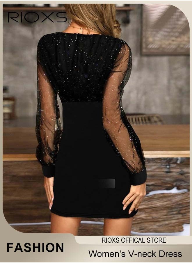 Gorgeous Evening Dress with Mesh Puff Sleeves, Back Zipper and Hips-wrapped Silhouette, Sequin V-neck Dress with Elegant Chic Style, Wrap-around Sparking Dress, Perfect for Daily, Work, Office, Wedding and Party