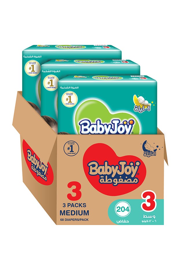 Compressed Diamond Pad Diaper, Size 3, Medium, 6-12 Kg, Mega Box, 204 Diapers