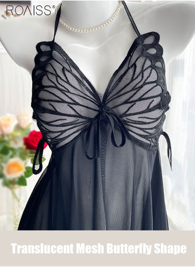 2 Piece Lace Butterfly Wing Sleeping Skirt Set Hanging Neck Thin Shoulder Strap With Underwear Pajama Set