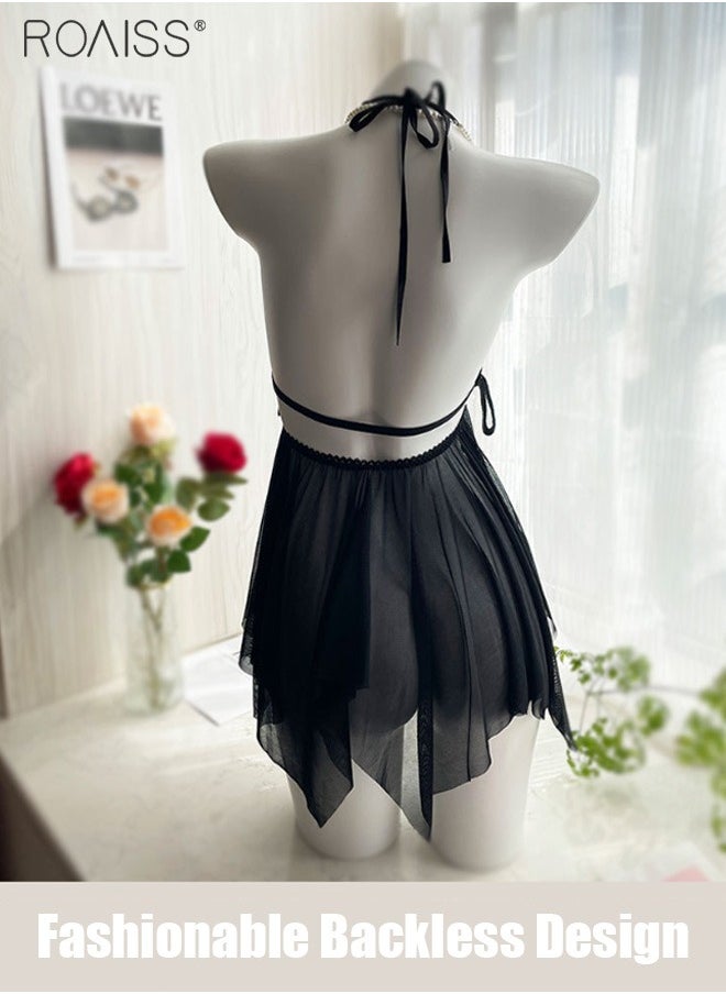 2 Piece Lace Butterfly Wing Sleeping Skirt Set Hanging Neck Thin Shoulder Strap With Underwear Pajama Set