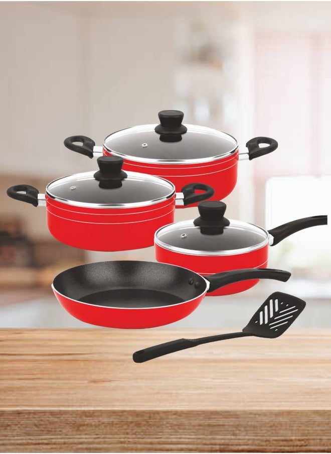 8-Pcs Non-Stick Cookware Set | Scratch-Resistant Pots and Pans Set | 24cm,22cm Casserole | 24cm Fry Pan | 18cm Sauce Pan | Nylon Spatula(Red)