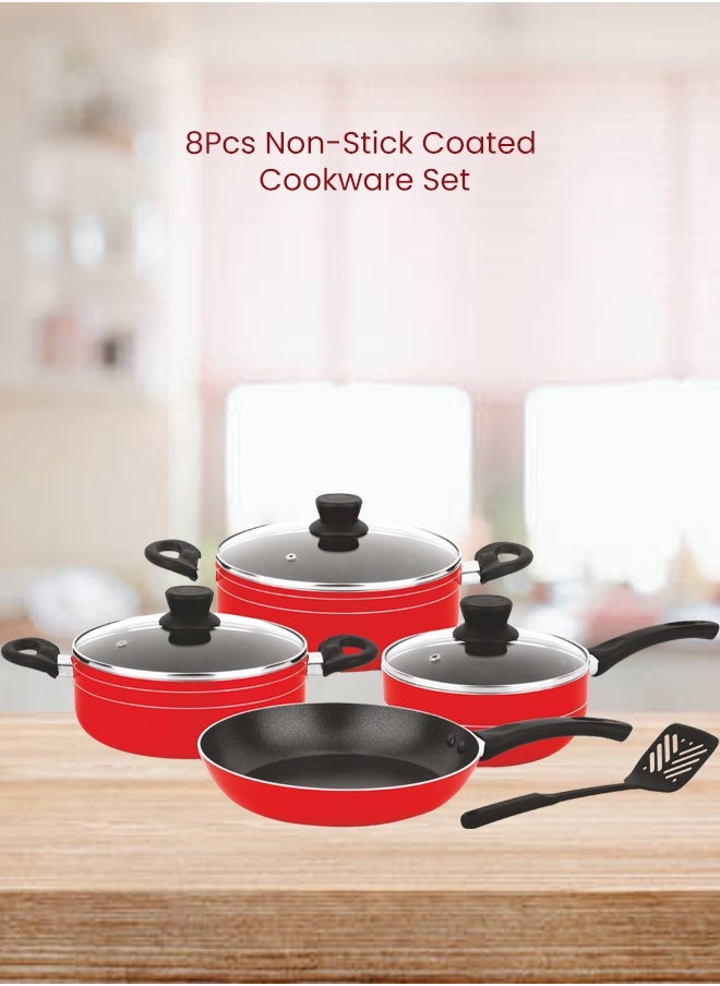 8-Pcs Non-Stick Cookware Set | Scratch-Resistant Pots and Pans Set | 24cm,22cm Casserole | 24cm Fry Pan | 18cm Sauce Pan | Nylon Spatula(Red)