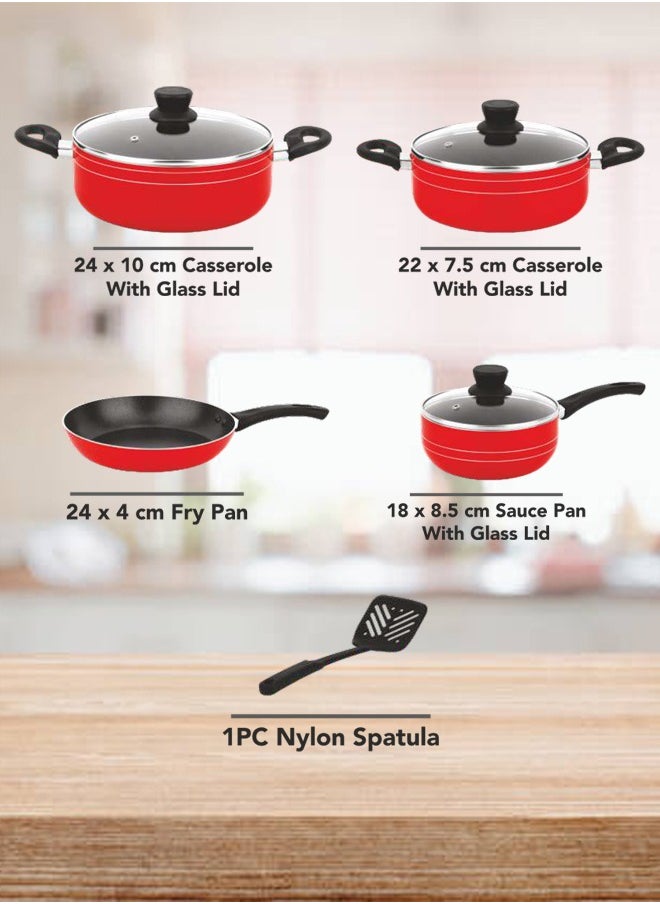 8-Pcs Non-Stick Cookware Set | Scratch-Resistant Pots and Pans Set | 24cm,22cm Casserole | 24cm Fry Pan | 18cm Sauce Pan | Nylon Spatula(Red)