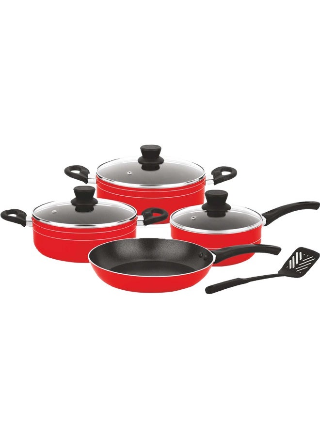 8-Pcs Non-Stick Cookware Set | Scratch-Resistant Pots and Pans Set | 24cm,22cm Casserole | 24cm Fry Pan | 18cm Sauce Pan | Nylon Spatula(Red)