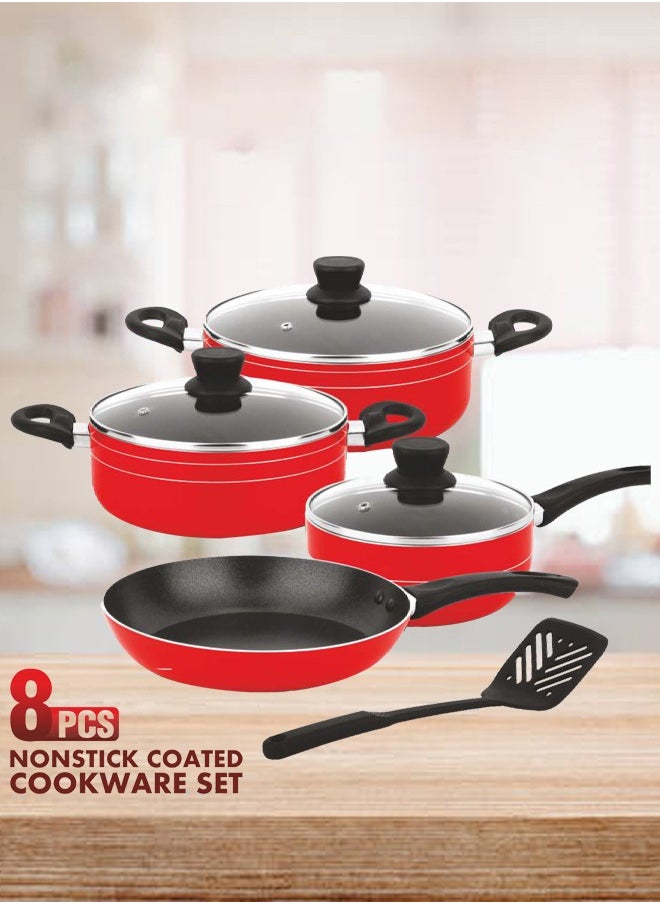 8-Pcs Non-Stick Cookware Set | Scratch-Resistant Pots and Pans Set | 24cm,22cm Casserole | 24cm Fry Pan | 18cm Sauce Pan | Nylon Spatula(Red)