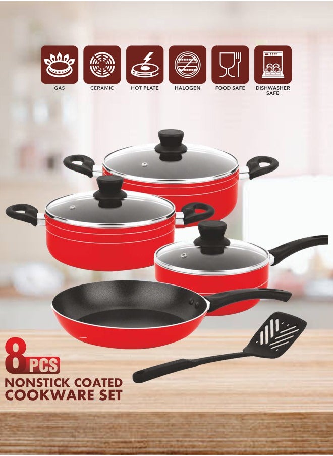 8-Pcs Non-Stick Cookware Set | Scratch-Resistant Pots and Pans Set | 24cm,22cm Casserole | 24cm Fry Pan | 18cm Sauce Pan | Nylon Spatula(Red)