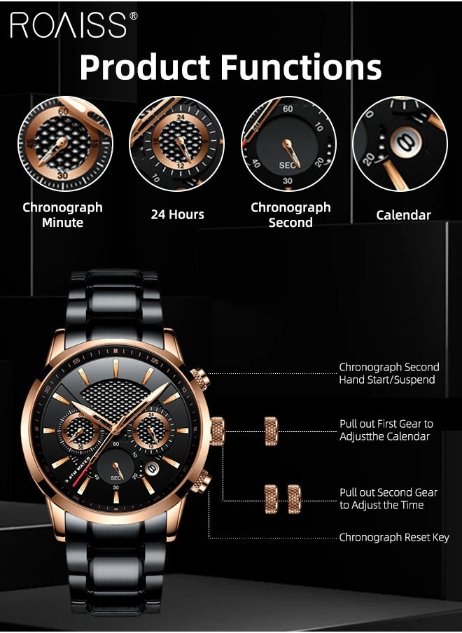 Stainless Steel Strap Quartz Watch for Men, Analog Display Round Dial , Waterproof Luxurious Business Casual Chronograph Wristwatch with Date as A Gift for Male