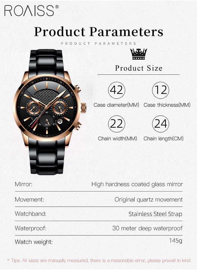 Stainless Steel Strap Quartz Watch for Men, Analog Display Round Dial , Waterproof Luxurious Business Casual Chronograph Wristwatch with Date as A Gift for Male
