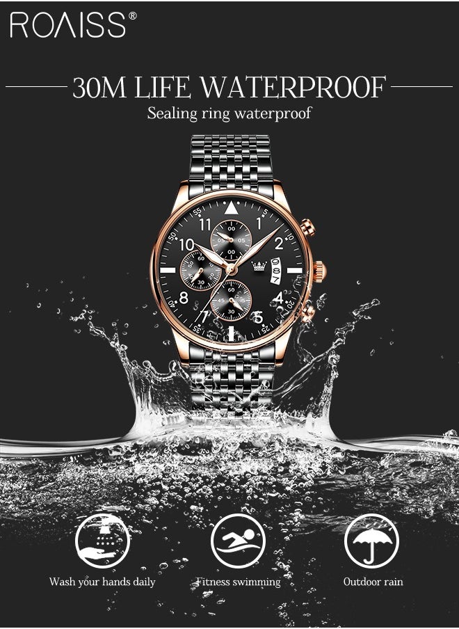 Men's Business Watch with Date Luminous Analog Display Round Wristwatch Stainless Steel Strap with Stopwatch Chronograph Function