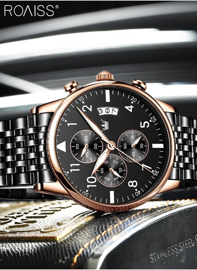 Men's Business Watch with Date Luminous Analog Display Round Wristwatch Stainless Steel Strap with Stopwatch Chronograph Function