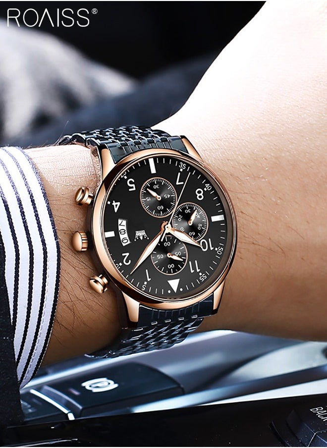 Men's Business Watch with Date Luminous Analog Display Round Wristwatch Stainless Steel Strap with Stopwatch Chronograph Function