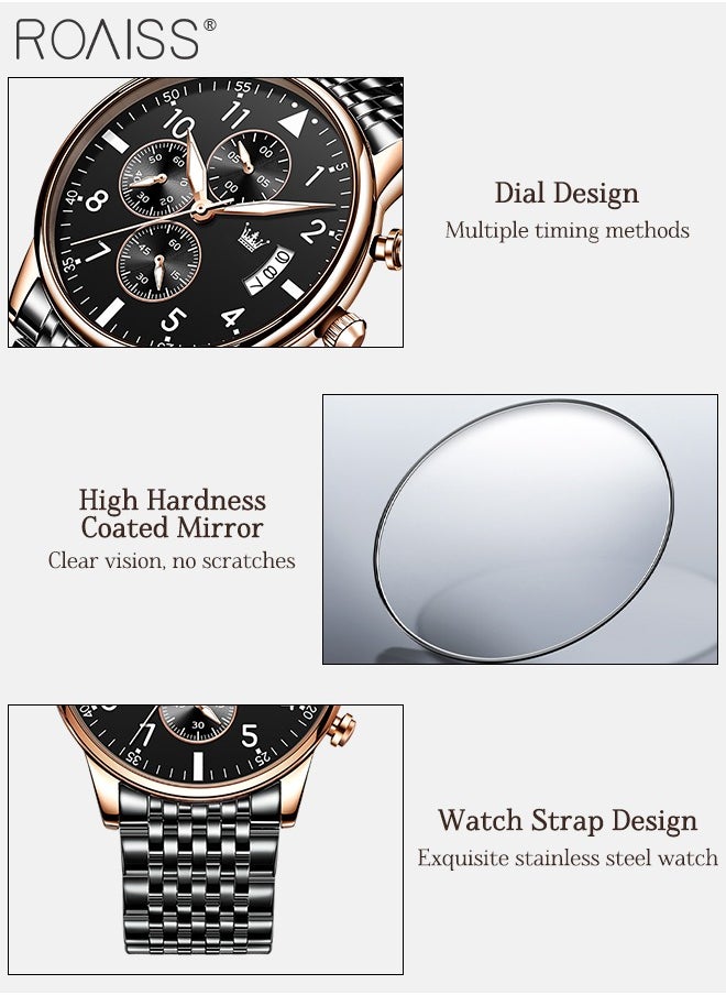 Men's Business Watch with Date Luminous Analog Display Round Wristwatch Stainless Steel Strap with Stopwatch Chronograph Function